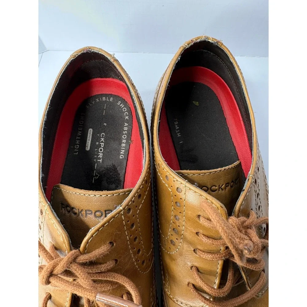 Rockport Mens‎ Tan Leather Wingtip Oxford Brogue Dress Shoes Shock Absorbing